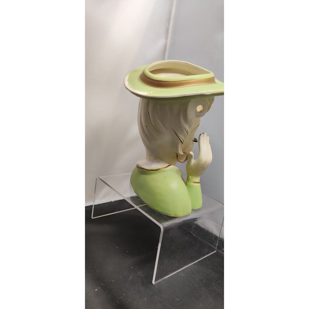 Vintage Green Hat Hand to Head Headache Lady Head Vase Planter Kitsch MidCentury - Picture 6 of 12